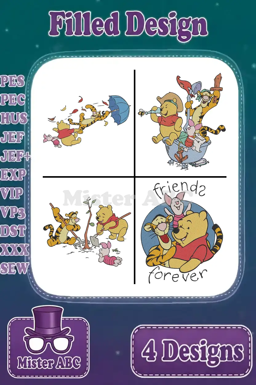 A vibrant collage of four filled embroidery designs featuring Winnie the Pooh, Tigger, and Piglet in various playful scenes.