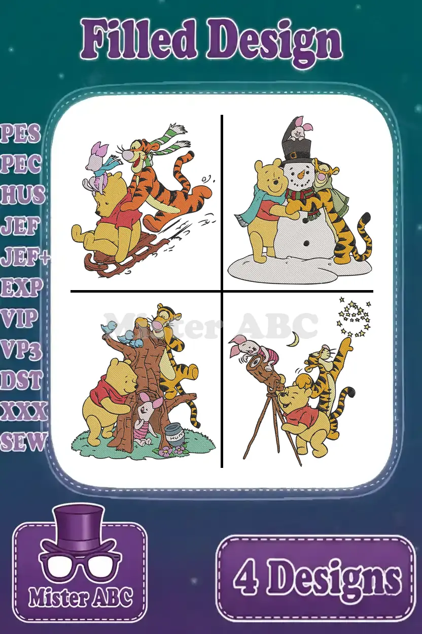 A vibrant collection of four Winnie the Pooh, Tigger, and Piglet filled embroidery designs, showcasing various poses.