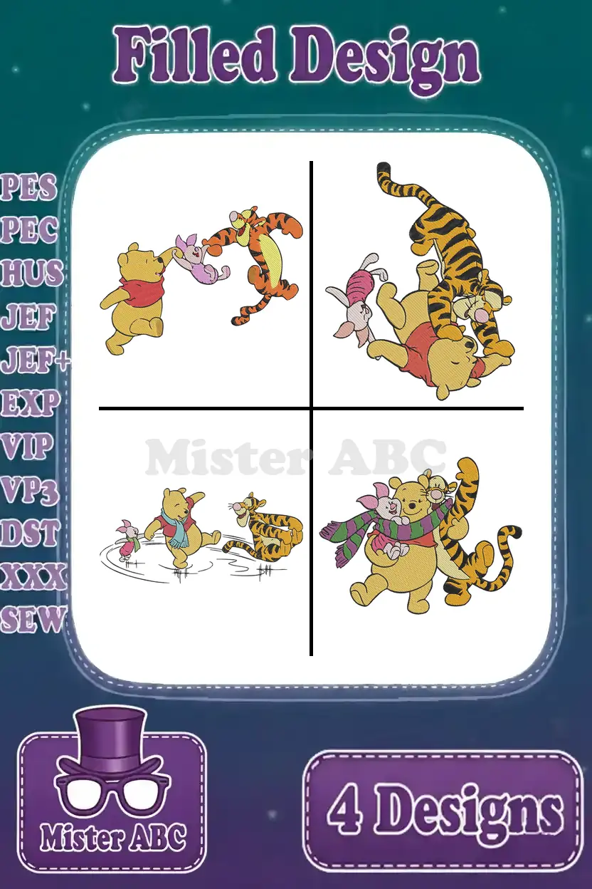 Four filled embroidery designs featuring Winnie the Pooh, Piglet, and Tigger in playful poses, showcasing supported formats.