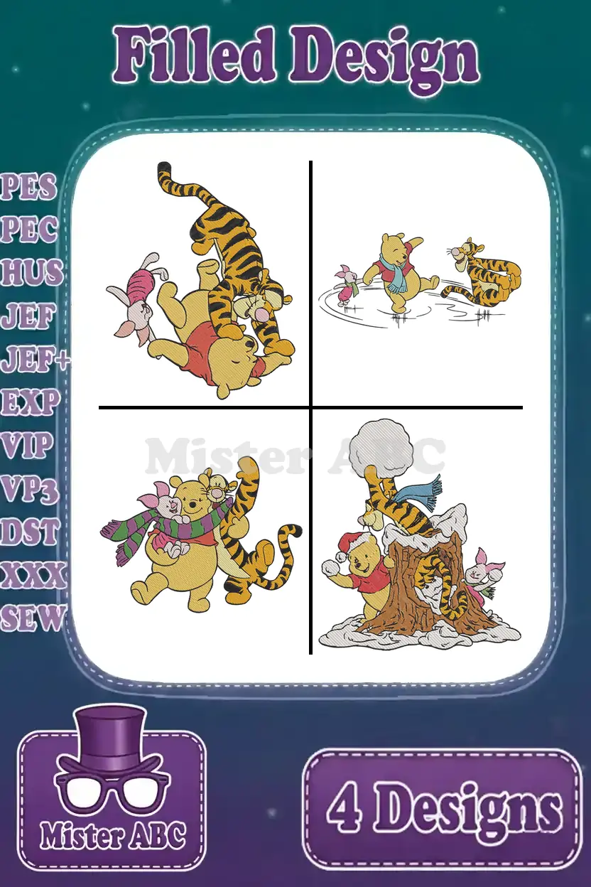 Main product image showing four filled embroidery designs of Winnie the Pooh, Tigger, and Piglet in various playful scenarios.