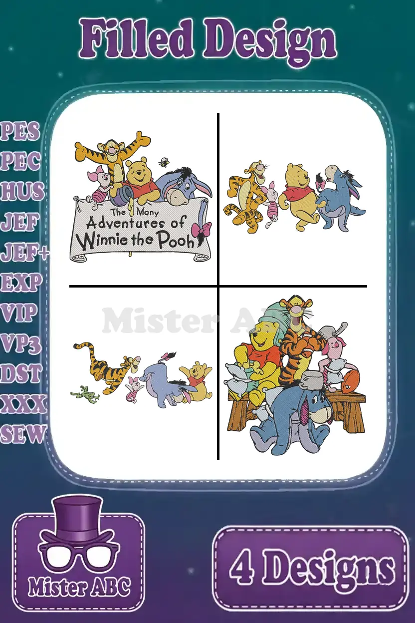 A vibrant collage of four Winnie the Pooh and friends filled embroidery designs, showcasing multiple file formats.