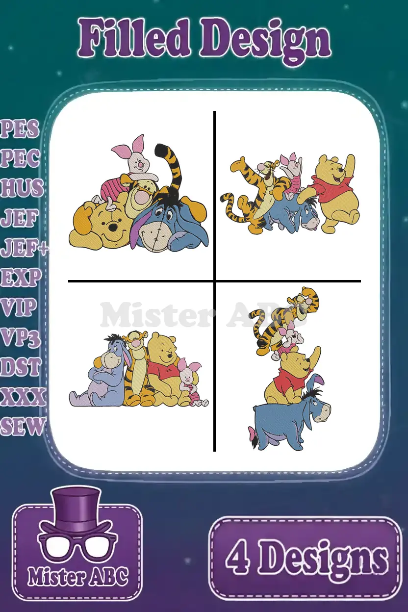 A vibrant main image showcasing four distinct Winnie the Pooh character embroidery designs, perfect for machine projects.