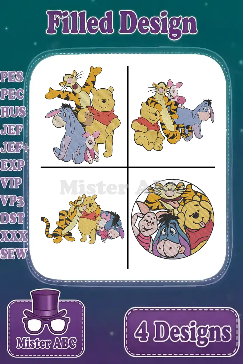 Four charming Winnie the Pooh filled embroidery designs, showcasing Pooh, Tigger, Piglet, and Eeyore, with all compatible file formats listed.