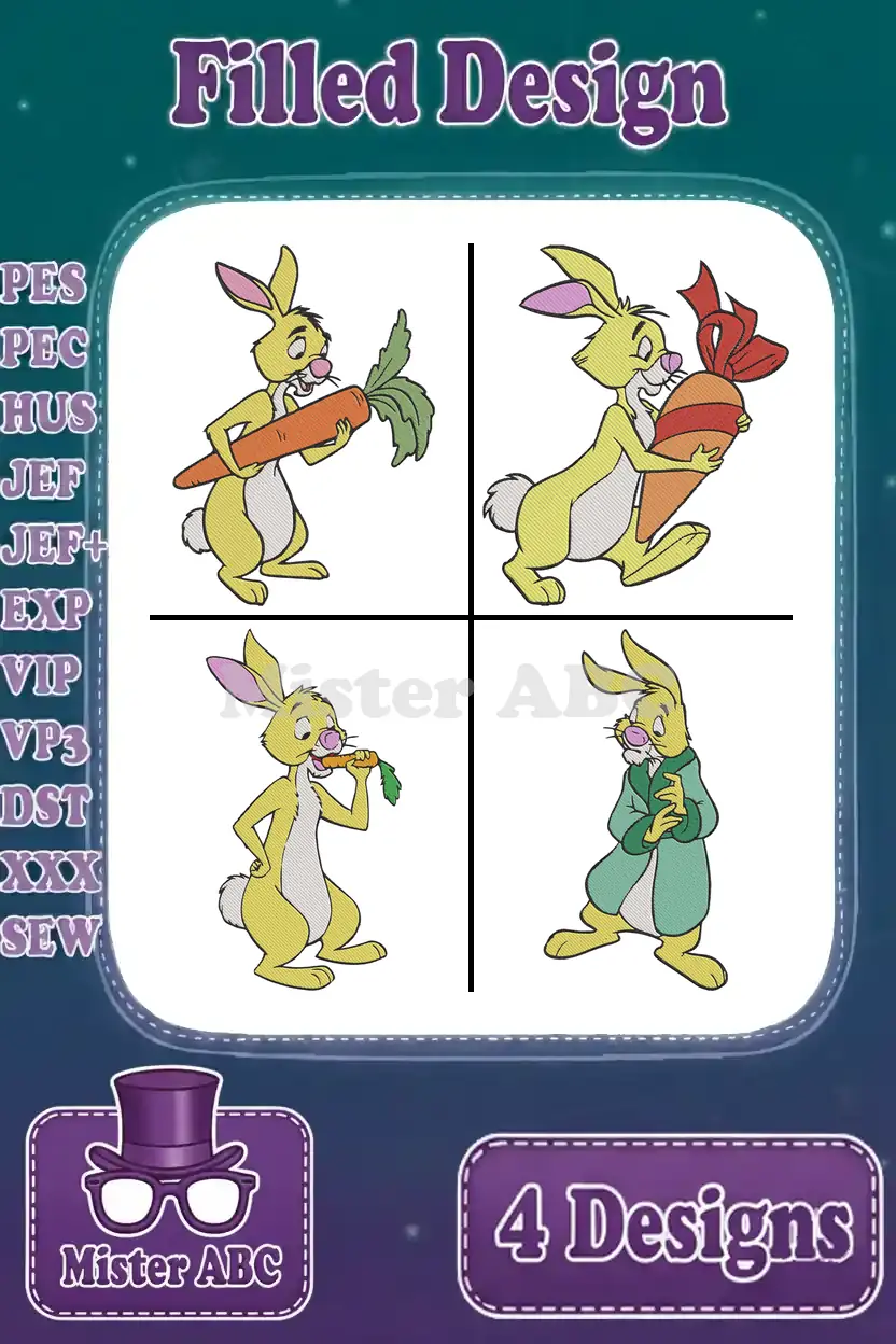 A collage of four vibrant filled embroidery designs featuring Rabbit from Winnie the Pooh, showcasing various poses with carrots and a robe.