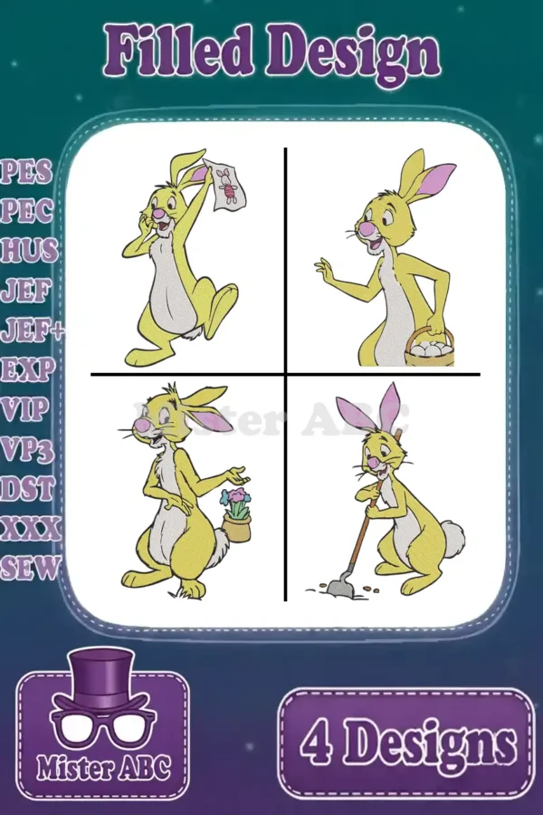 Four vibrant filled embroidery designs of Rabbit from Winnie the Pooh, showcasing different poses and activities, ready for stitching.