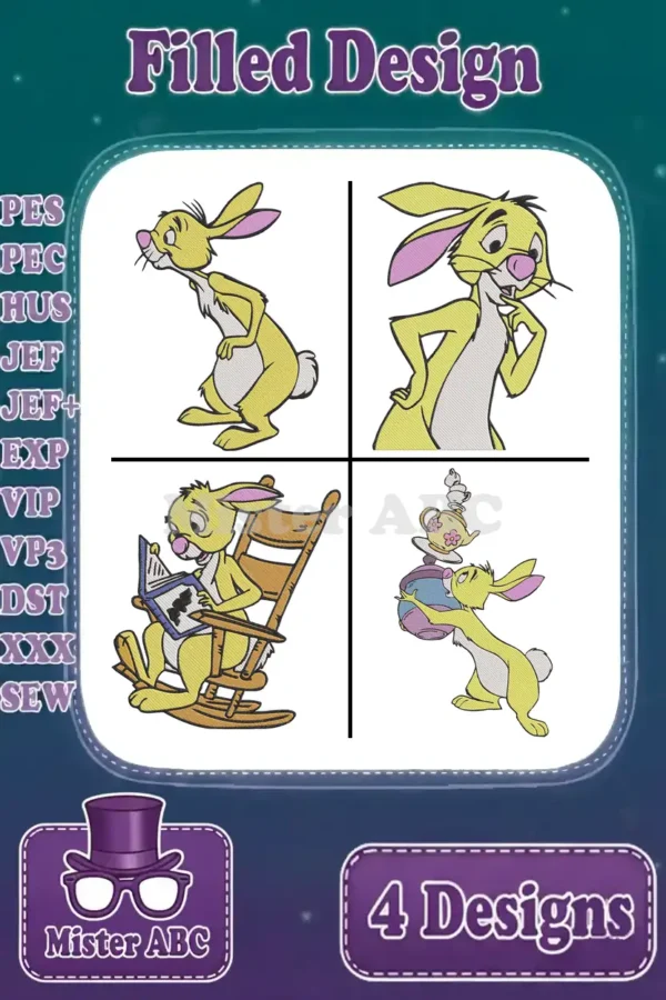 Four vibrant filled embroidery designs of Rabbit from Winnie the Pooh in various playful poses, showcasing stitch formats.