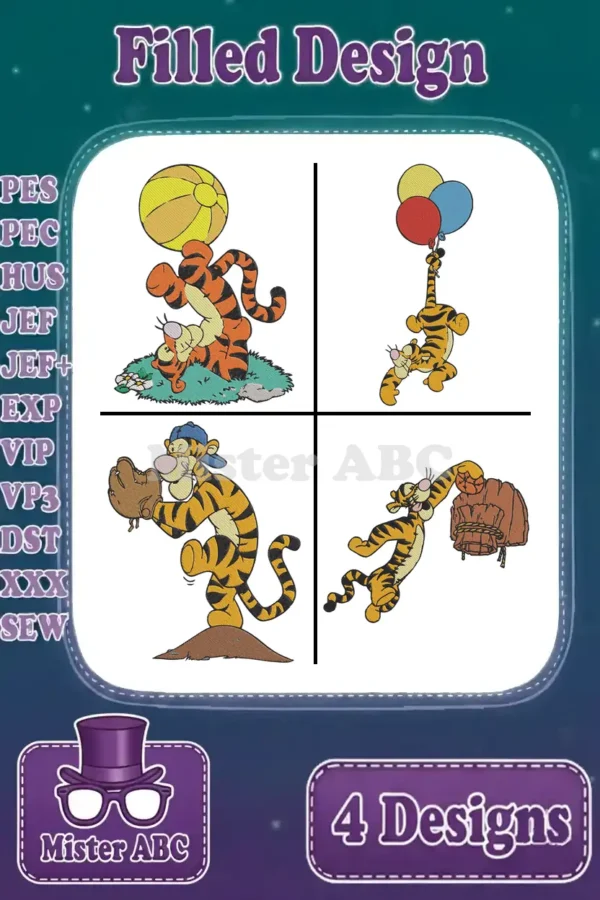 A vibrant main product image displaying a bundle of four distinct Tigger filled machine embroidery designs.