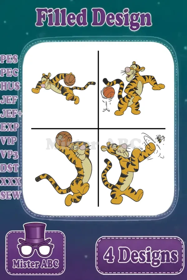 A vibrant collage showcasing four unique Tigger filled embroidery designs, featuring basketball fun and a playful bee interaction, perfect for diverse projects.