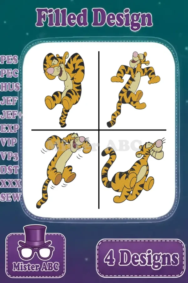 Four vibrant Tigger embroidery designs in various playful poses, showcasing a cheerful bundle for crafting.