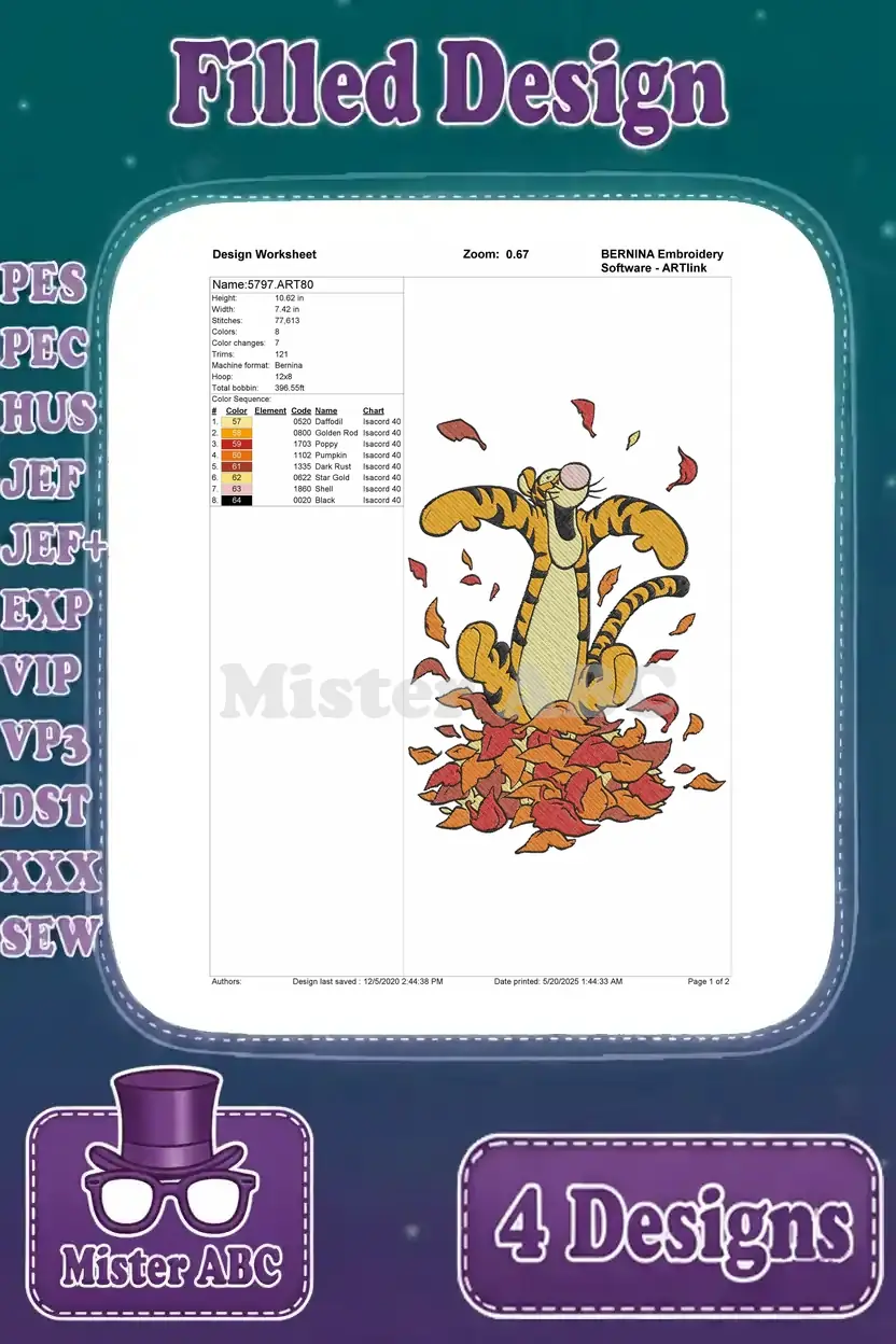 Detailed design worksheet for the first Tigger embroidery, showing stitch count, color sequence, and dimensions.