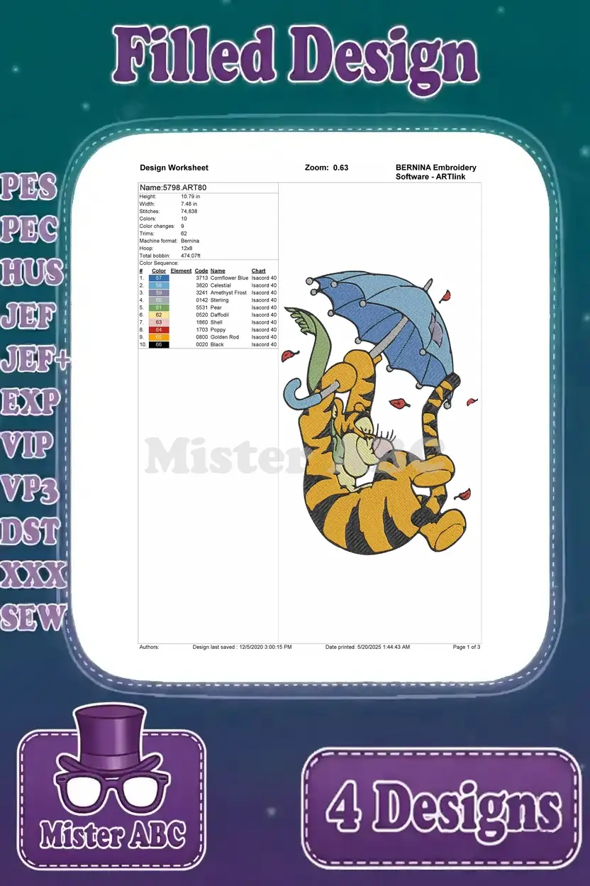 Detailed design worksheet for the second Tigger embroidery, featuring Tigger under an umbrella.