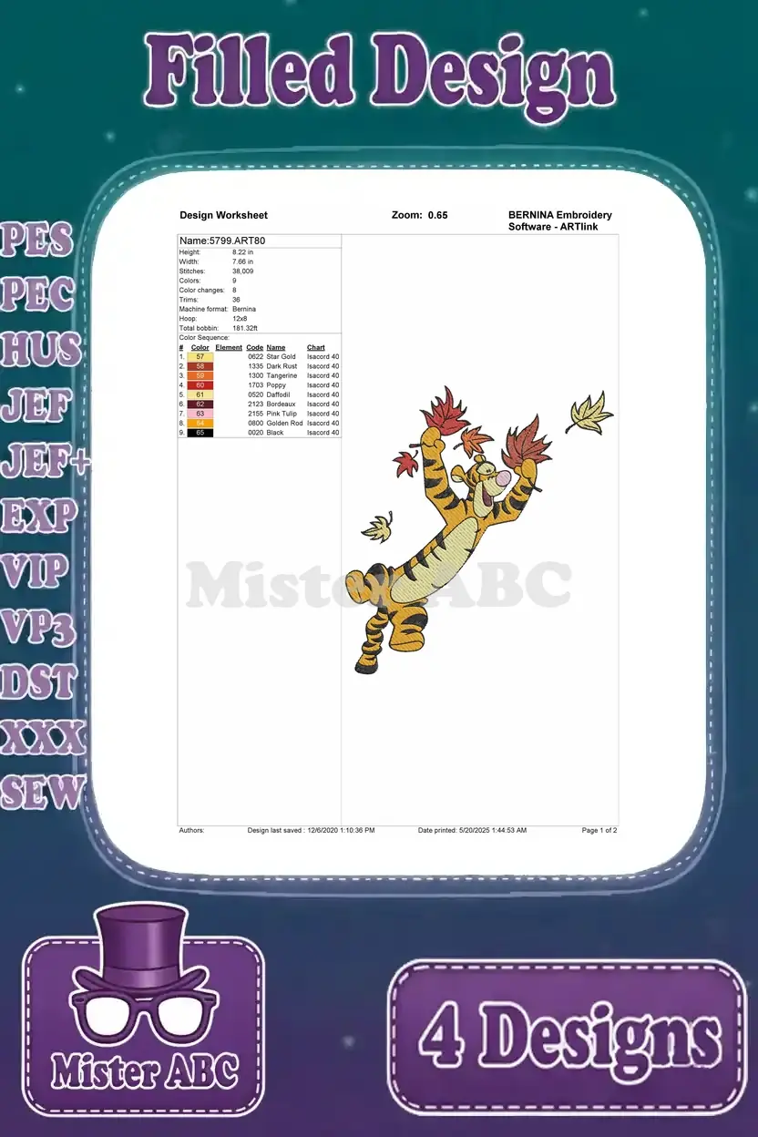 Design worksheet for the third Tigger embroidery, depicting Tigger playfully tossing autumn leaves.