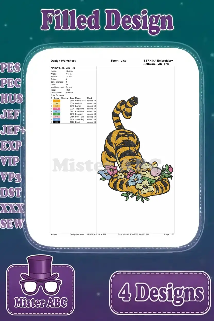 Design worksheet for the fourth Tigger embroidery, showing Tigger surrounded by a wreath of flowers.