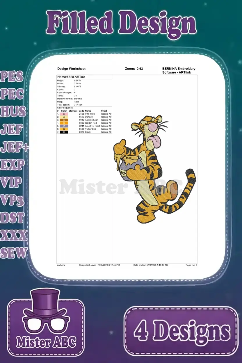 Detailed design worksheet for the Tigger eating honey embroidery design, showing thread colors and stitch count.