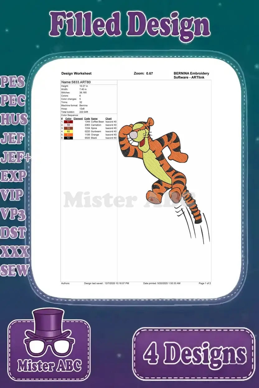 Detailed design worksheet for the Tigger jumping embroidery pattern, showing stitch count, colors, and thread information.