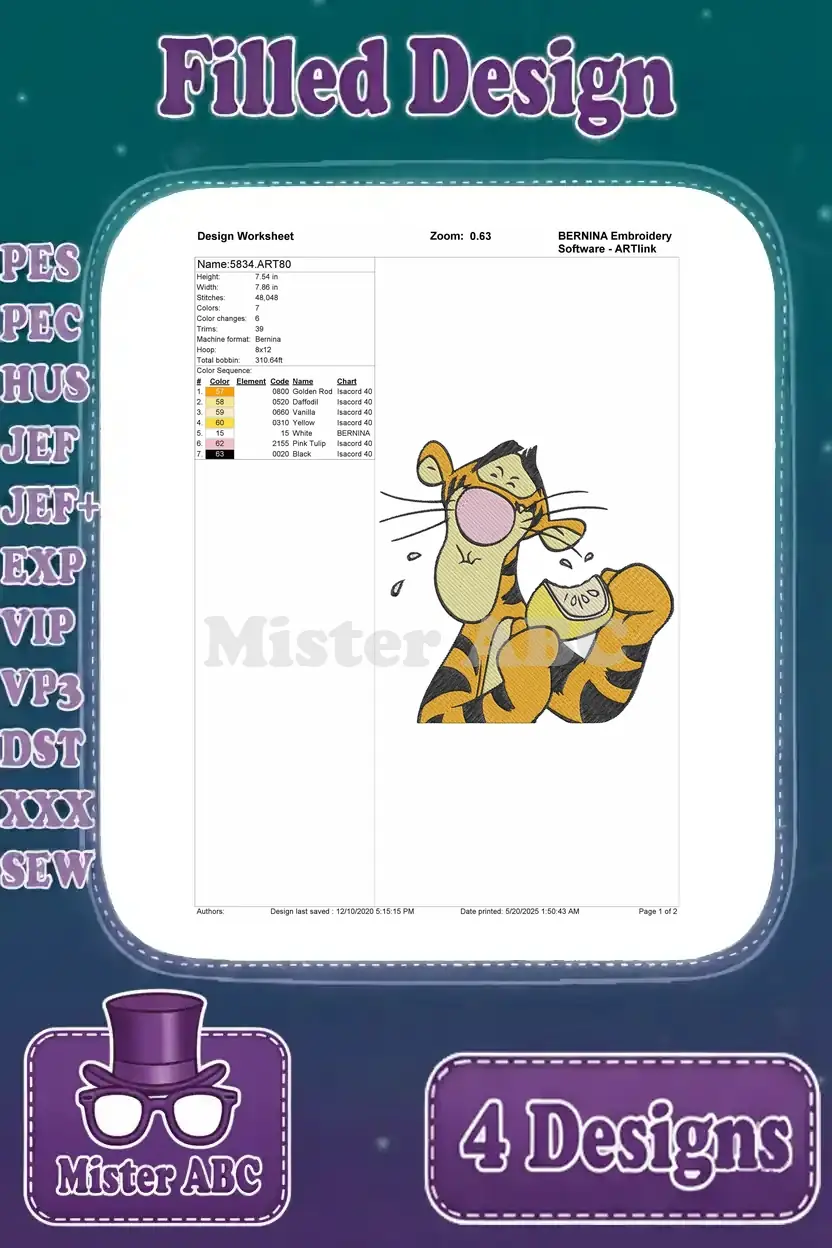 Comprehensive design worksheet for the Tigger with a lemon embroidery pattern, detailing stitch count and color palette.