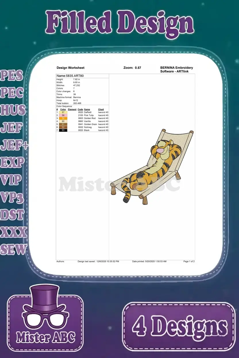 Detailed design worksheet for the Tigger relaxing on a lounge chair embroidery pattern, showing stitch data and colors.