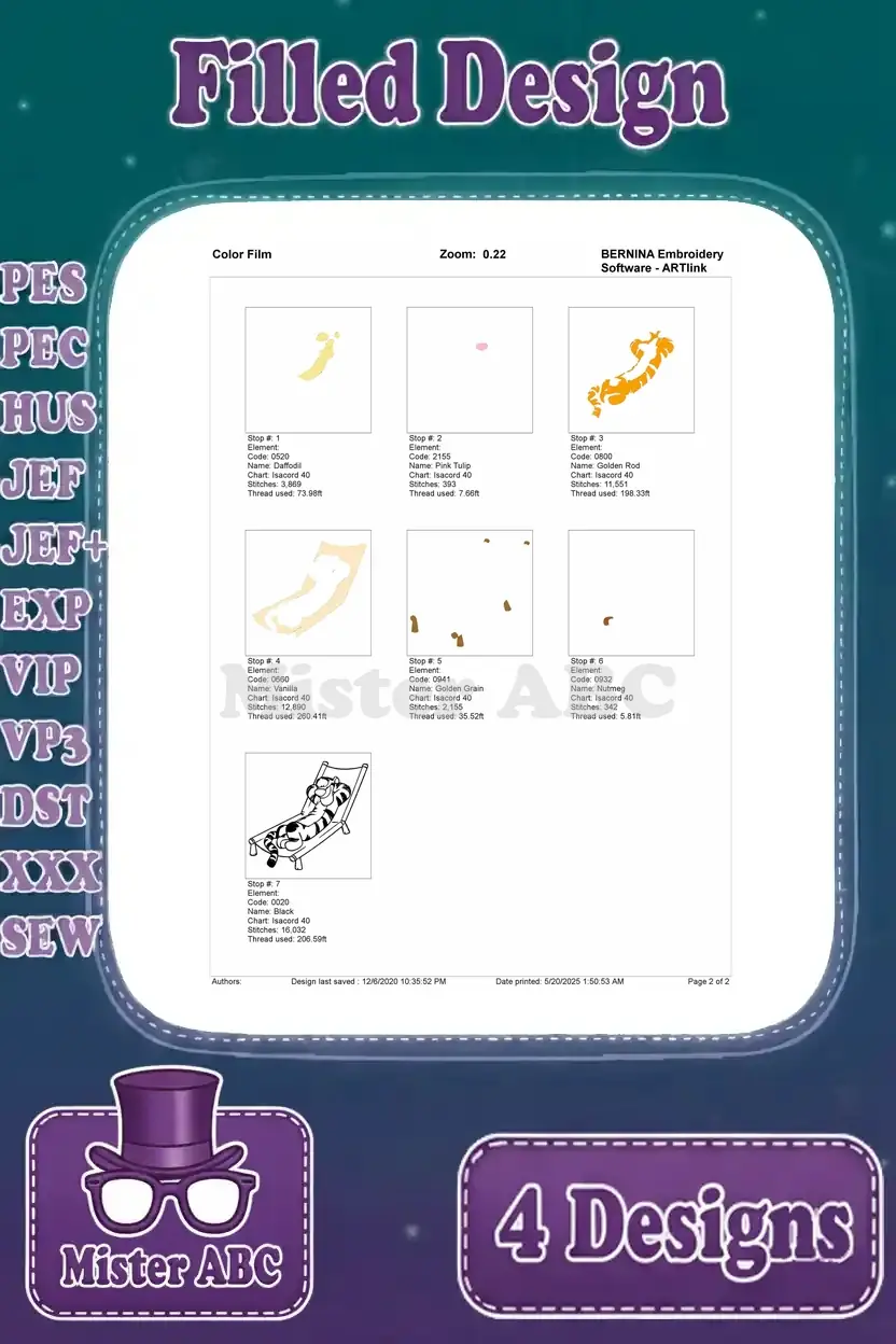 Color film illustrating the stitch-by-stitch process for the Tigger relaxing embroidery design, ensuring accurate color application.