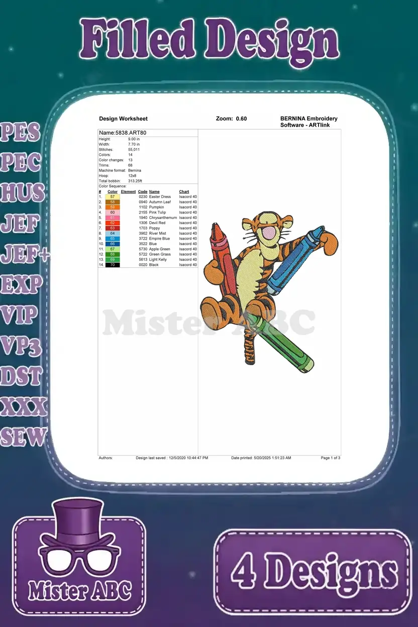 Detailed design worksheet for the Tigger embroidery design featuring him joyfully holding colorful crayons.