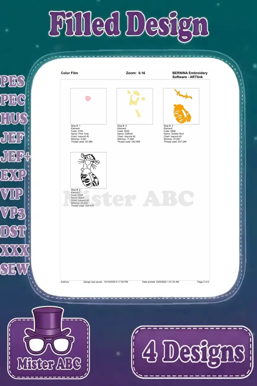 Color film for the sitting Tigger embroidery design, detailing the step-by-step thread application.