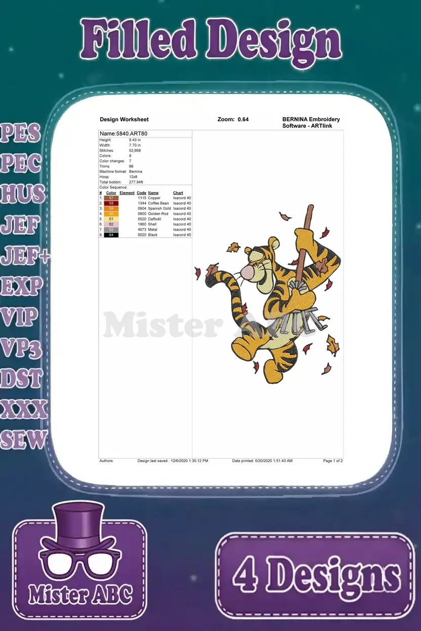 Detailed design worksheet for the Tigger embroidery design featuring him with a stick and autumn leaves.