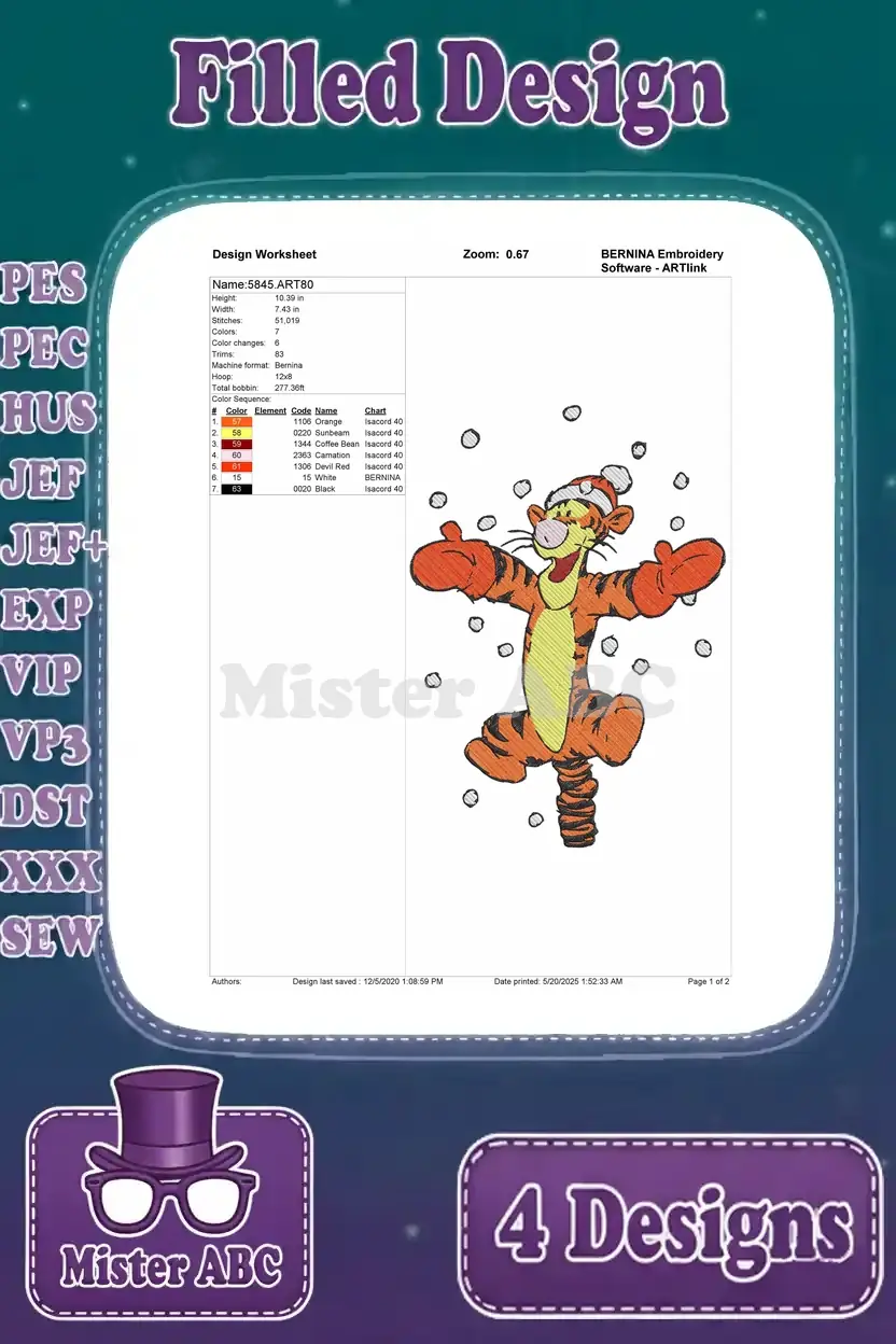 Design worksheet for a Tigger filled embroidery design, showing him joyfully bouncing in a snowy scene.