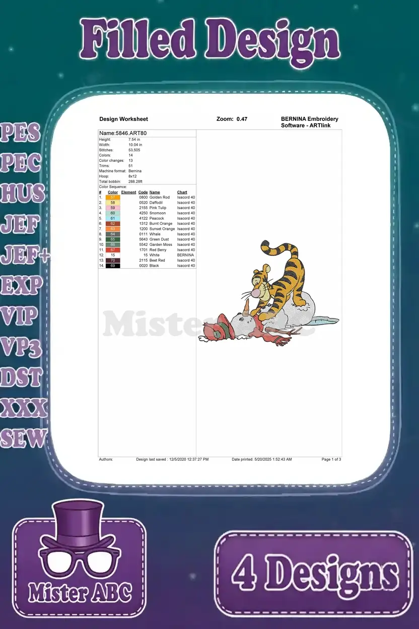 Design worksheet for a Tigger filled embroidery design, showing Tigger playfully interacting with Roo in snow.