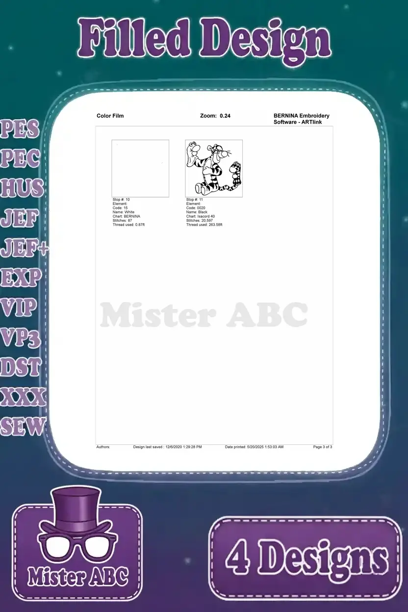 Page 3 of the color film for the Tigger with socks embroidery design, showing the final black outline.
