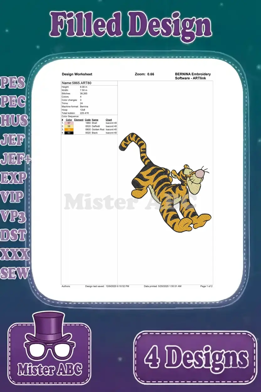 Detailed design worksheet for the first Tigger embroidery, showing stitch count, color changes, and hoop size.
