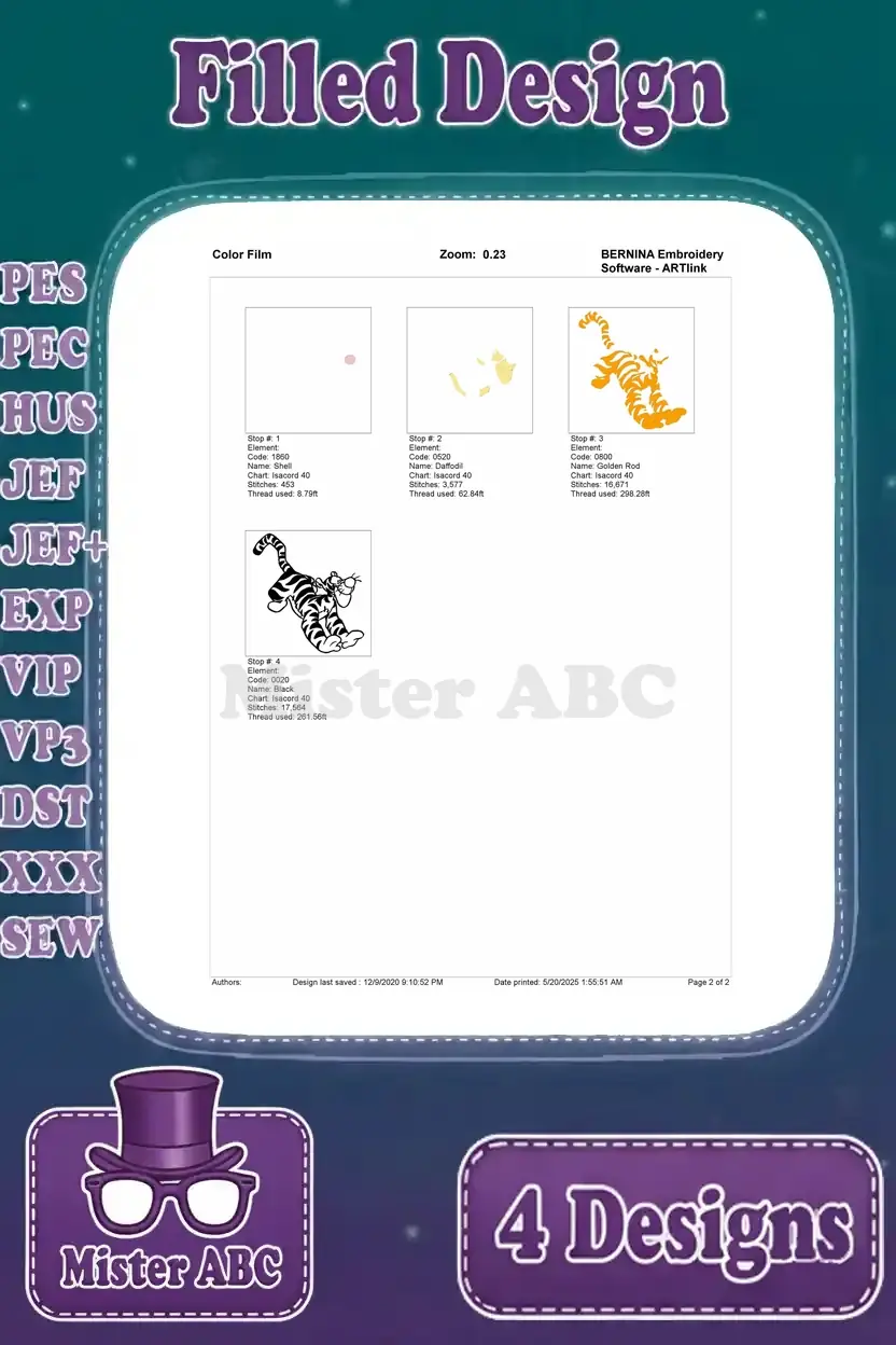 Color film breakdown for the first Tigger design, illustrating the precise stitch order and color application.