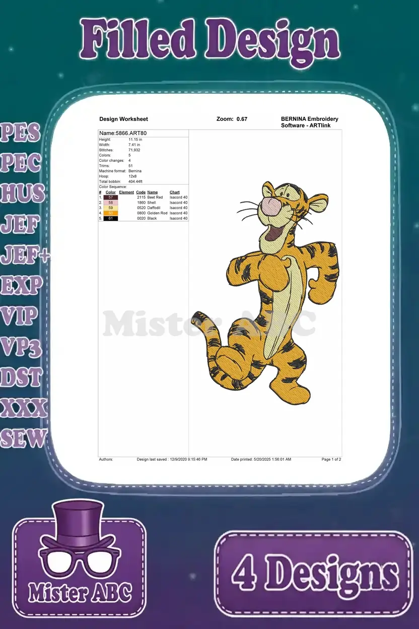 Detailed design worksheet for the second Tigger embroidery, showing stitch count, color changes, and hoop size.