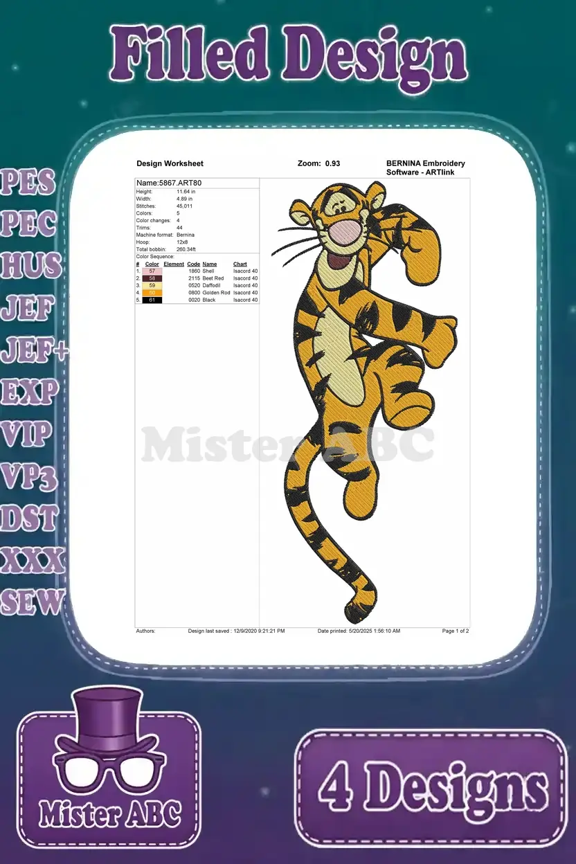 Detailed design worksheet for the third Tigger embroidery, showing stitch count, color changes, and hoop size.
