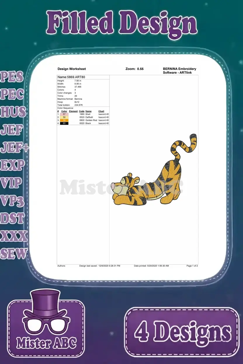 A design worksheet for the first Tigger embroidery design, showing thread colors, stitch count, and hoop size.