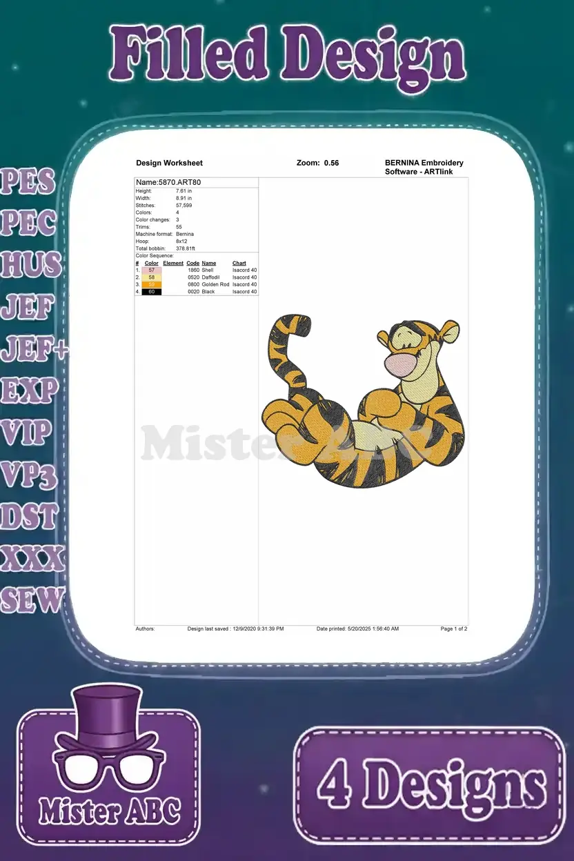 A design worksheet for the second Tigger embroidery design, detailing thread colors, stitch count, and hoop size.