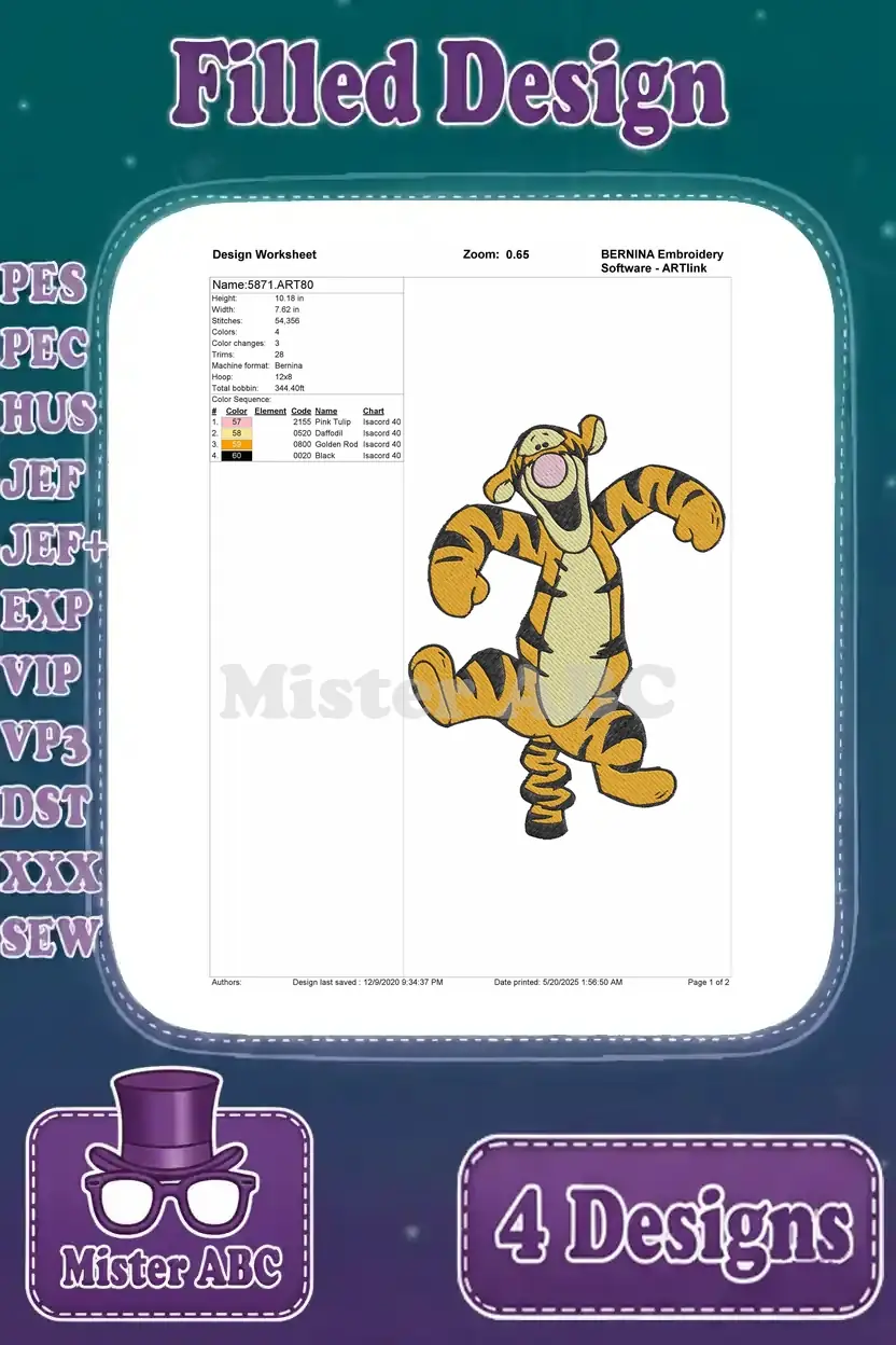 A design worksheet for the third Tigger embroidery design, showing thread colors, stitch count, and hoop size.