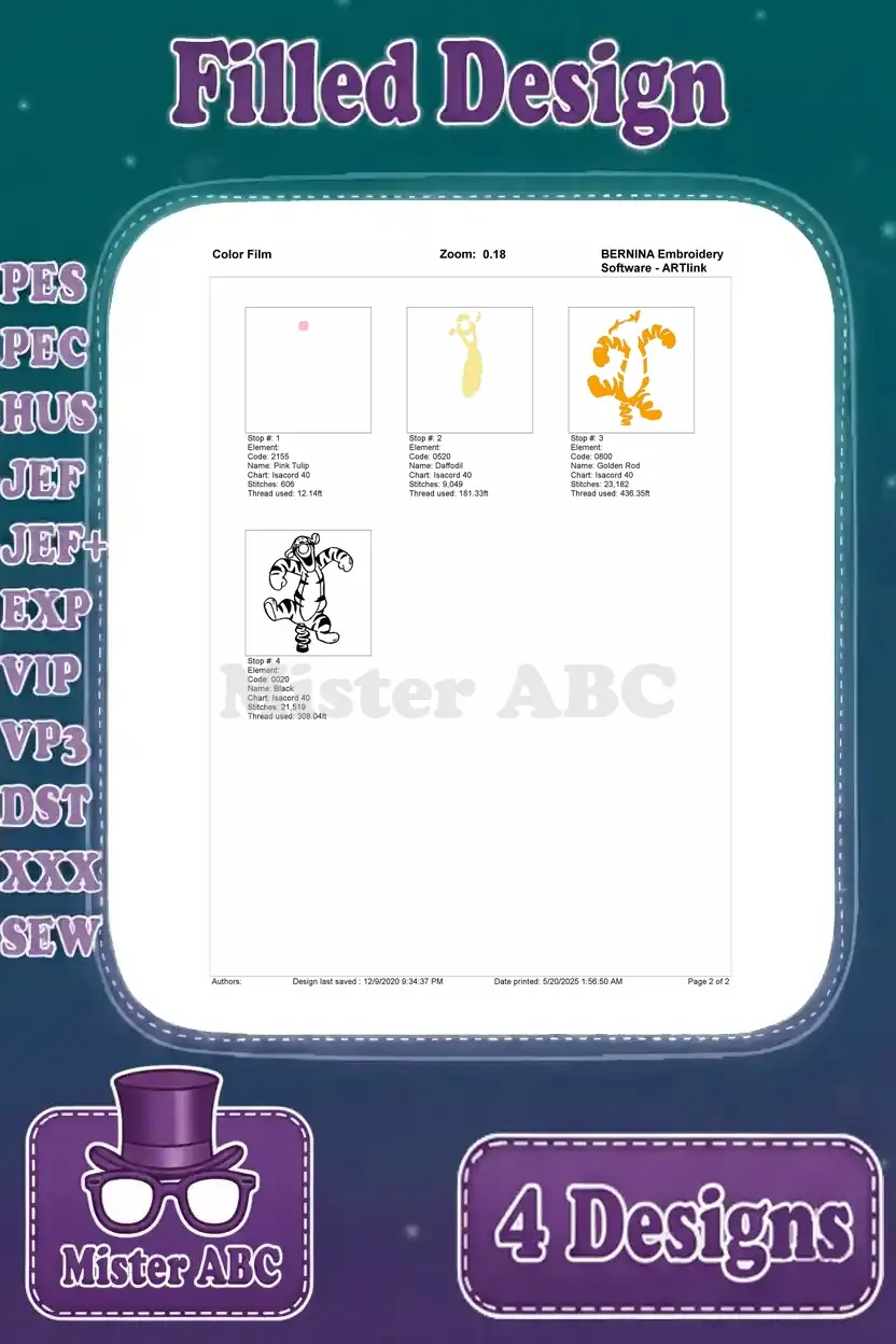 A color film breakdown for the third Tigger embroidery design, illustrating the stitching order layer by layer.