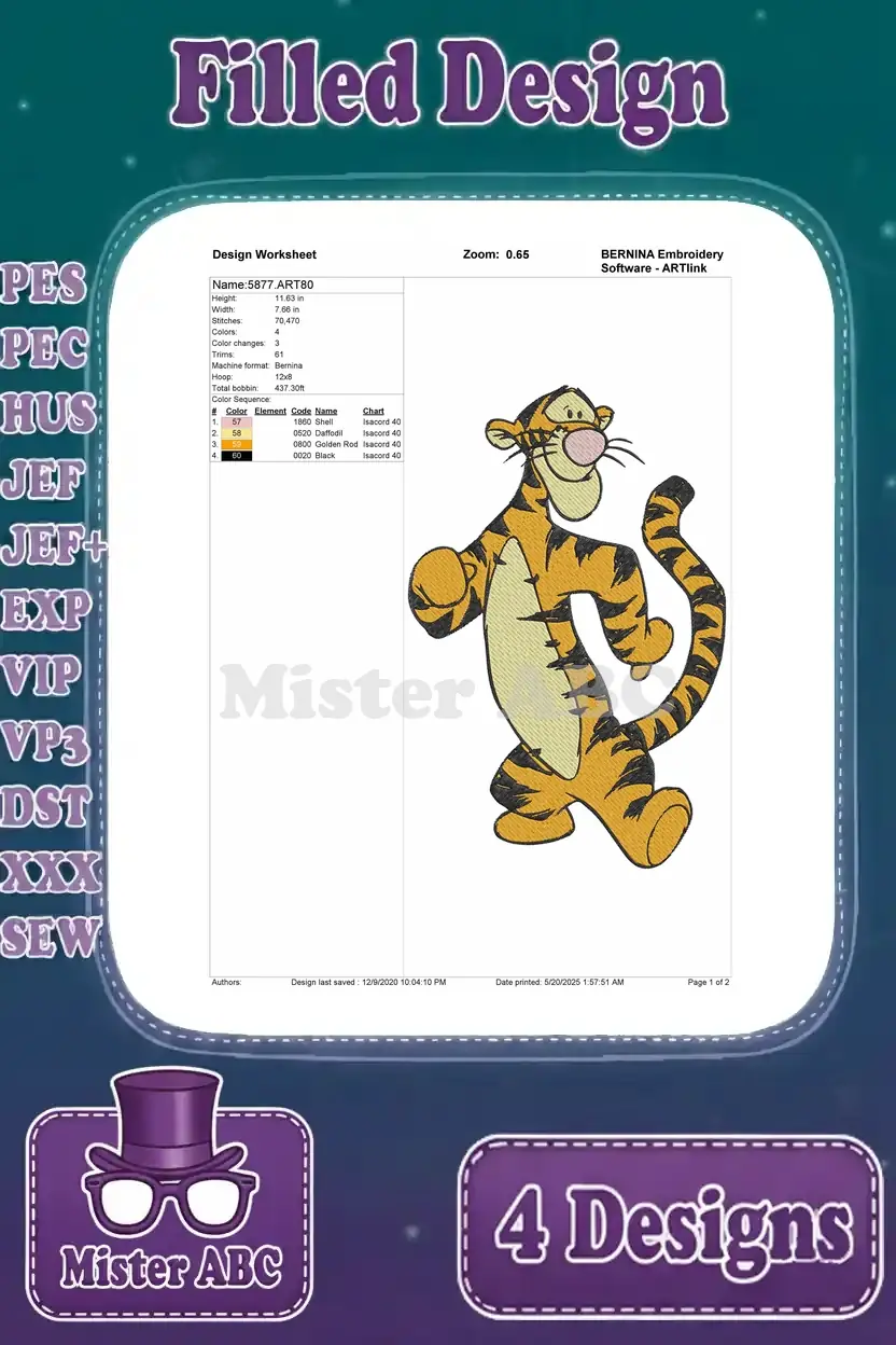 Detailed design worksheet for the first Tigger embroidery, showing stitch count, color changes, and thread chart specifics.