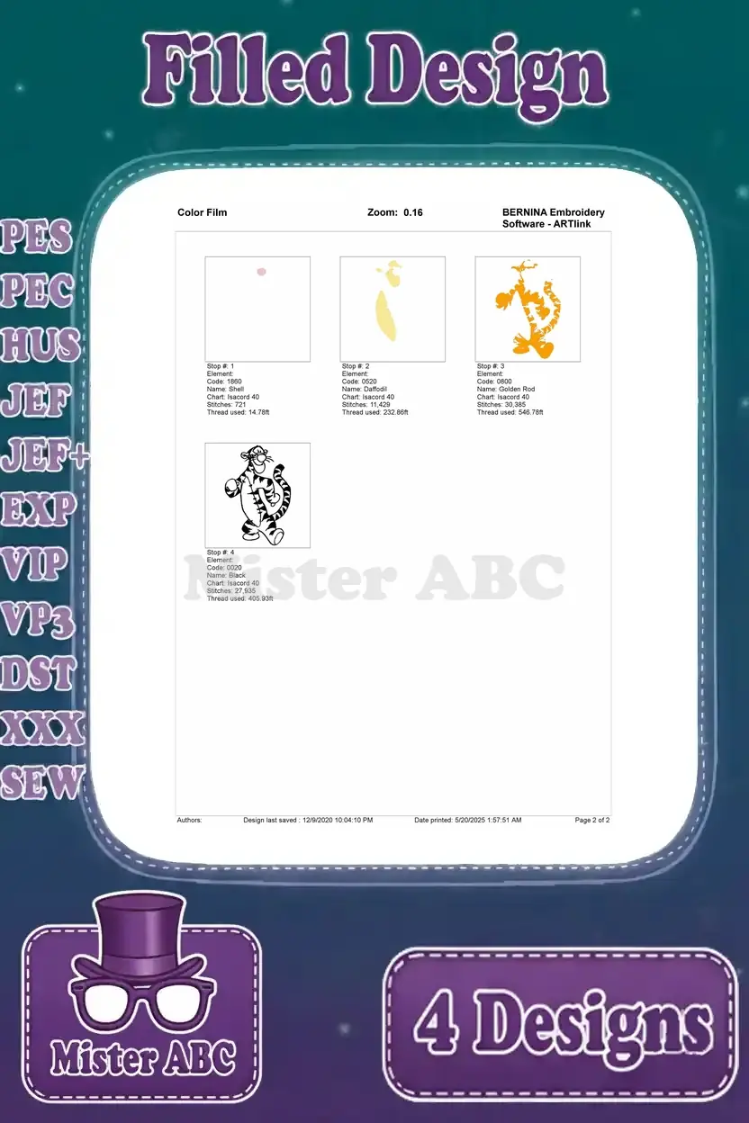 Color film sequence for the first Tigger embroidery design, illustrating the exact stitching order of each thread color.