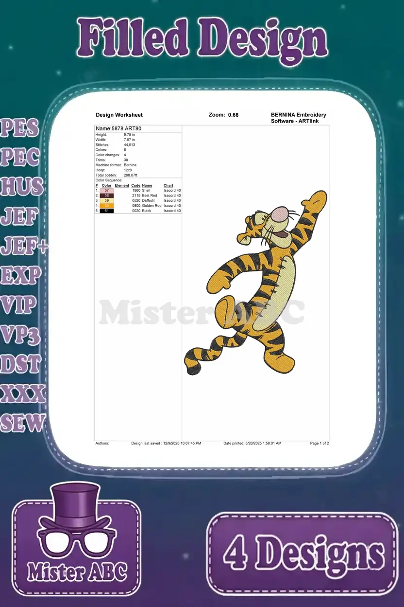 Detailed design worksheet for the second Tigger embroidery design, outlining stitch specifications and thread details.