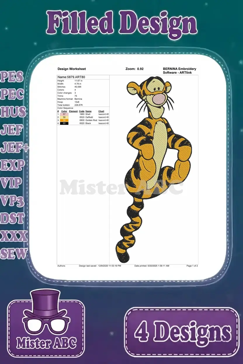 Comprehensive design worksheet for the third Tigger embroidery, detailing stitch parameters and color usage for precision.