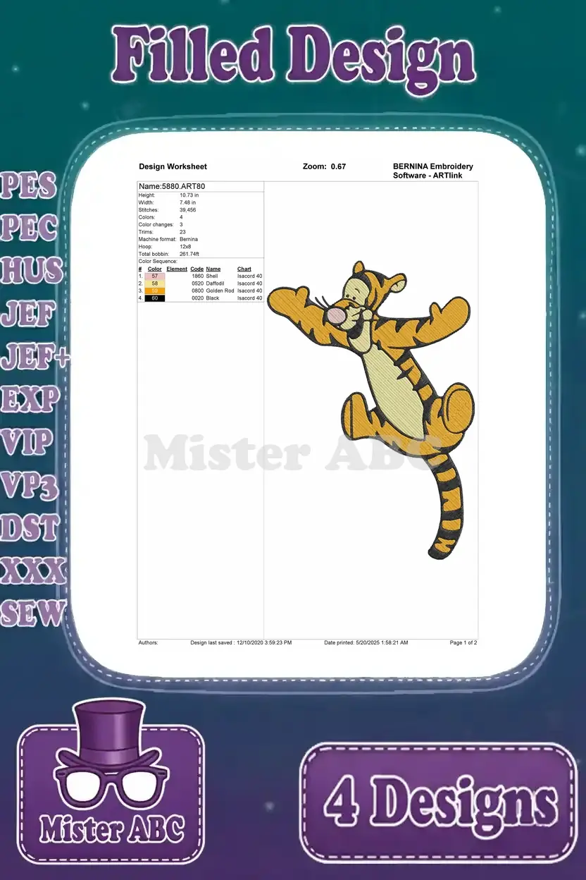 Final design worksheet for the fourth Tigger embroidery, outlining all technical details for successful machine stitching.
