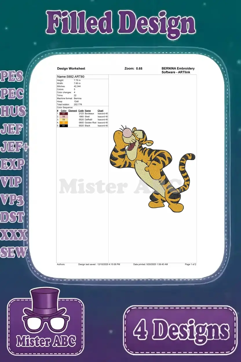 Detailed embroidery design worksheet for the second Tigger pose, showcasing stitch count, colors, and dimensions.