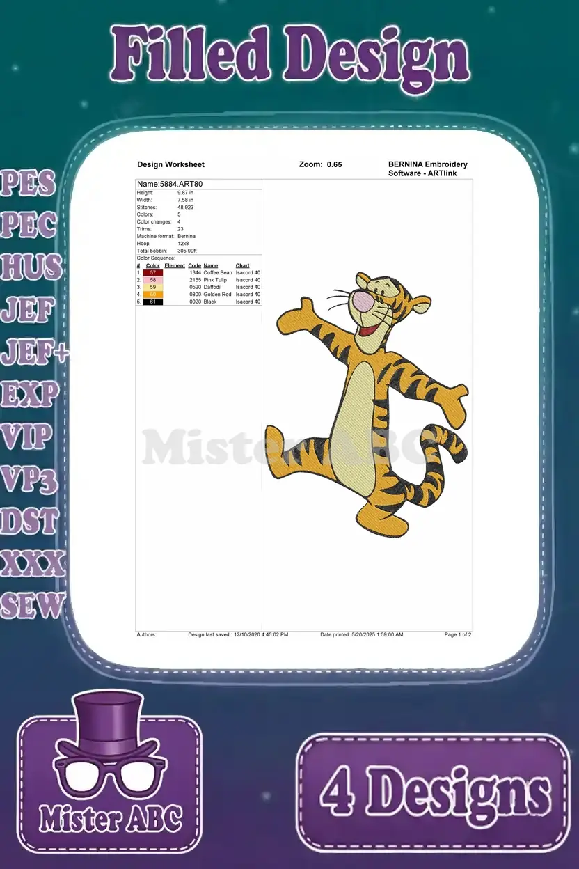 Detailed embroidery design worksheet for the Tigger with arms open pose, listing stitch count, colors, and size.