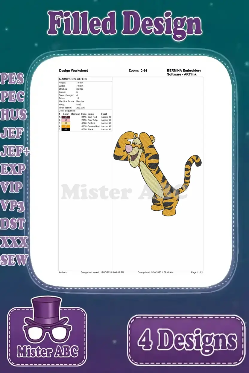 Detailed design worksheet for the first Tigger embroidery, showing stitch count, color sequence, and hoop size.