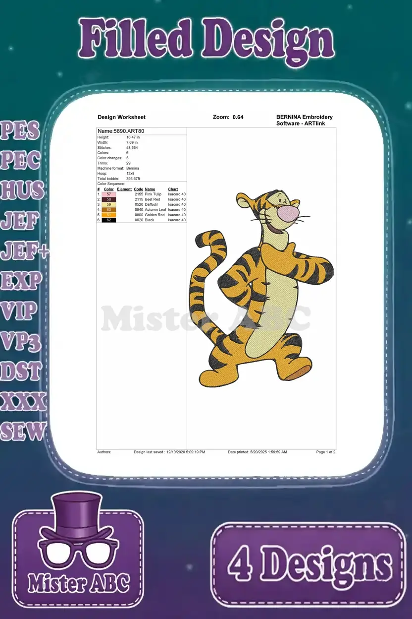 Design worksheet for the standing Tigger embroidery, outlining stitch data, color codes, and dimensions.