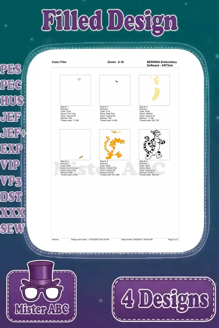 Color film sequence for the standing Tigger design, detailing the step-by-step thread color application.