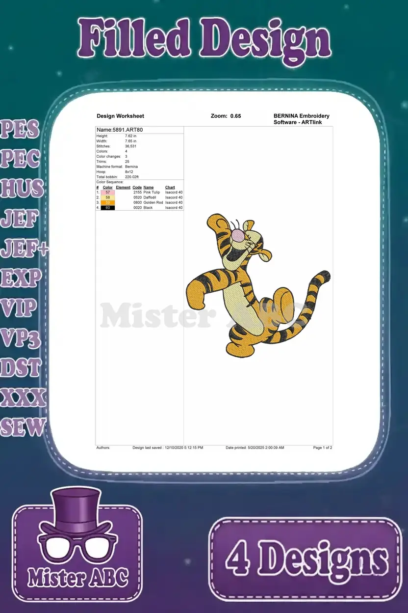 Detailed worksheet for the kicking Tigger embroidery, including stitch count, color chart, and design size.