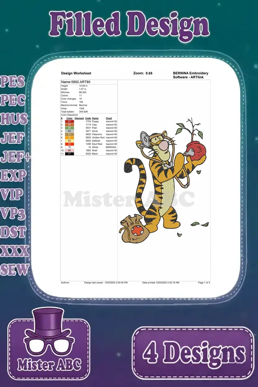 Comprehensive worksheet for Tigger holding an apple and bag, detailing stitch count, colors, and dimensions.