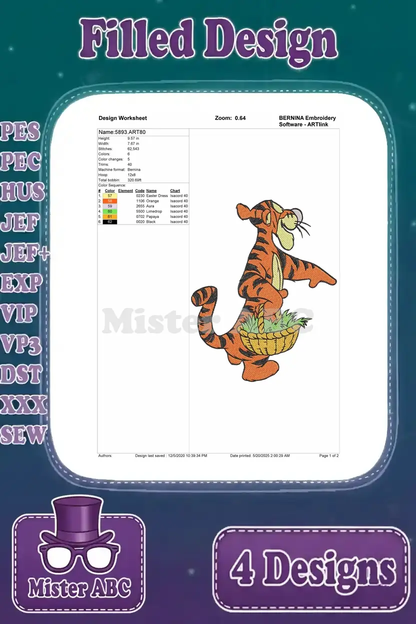 Detailed design worksheet for the first Tigger embroidery, showing him holding a basket of fresh produce.