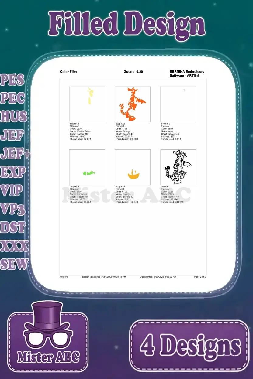 Color film breakdown for the Tigger with basket embroidery design, illustrating the precise stitching sequence.